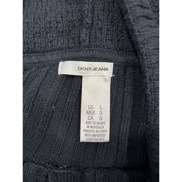 DKNY Jeans Large Cable Knit Hooded Sweater Black Quarter Zip Pullover Logo - Picture 6 of 9